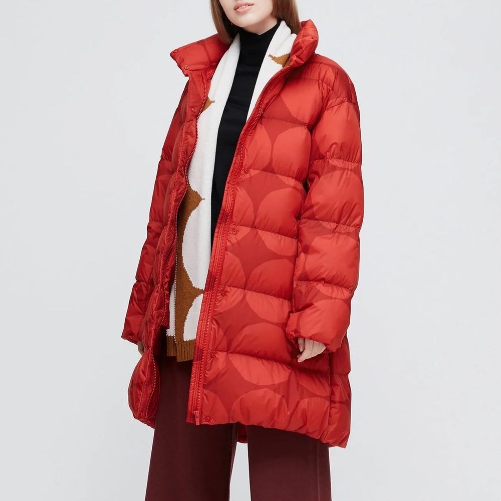 Uniqlo Marimekko Red Pattern Ultra Light Down Cocoon Long Puffer Coat Medium